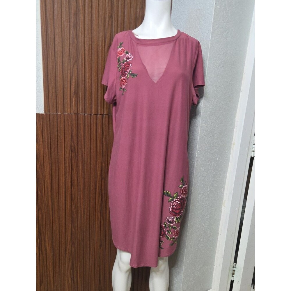 Derek Heart Mauve Rose-Embroidered Mesh-Trim Midi Dress 2xlarge